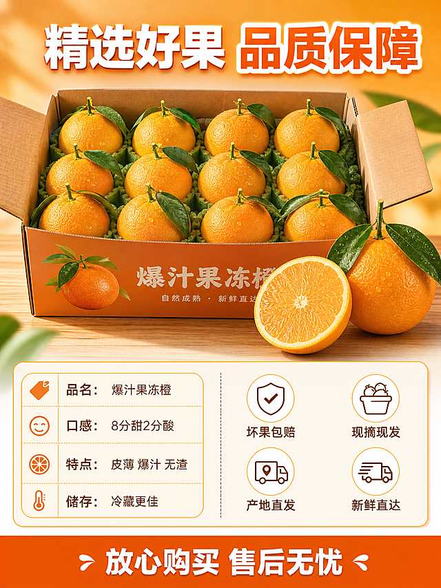 [商品] 使用【图1】带绿叶的新鲜橙子；保留橙黄果皮、带叶果梗、饱满外观和颜色；本页为规格服务页，橙子以整箱陈列和单果展示形式出现。
[画面] 目标：规格信息+服务承诺，促进下单转化。构图：上下结构，上方产品展示区，下方规格服务区。主体上半区：一箱打开的橙子礼盒，里面整齐排列着带叶的新鲜橙子，旁边放着一颗完整橙和一颗切开的半橙，展示品质。礼盒包装精美，有质感。主体下半区：左侧规格参数表，右侧服务承诺图标区。背景：暖橙色渐变背景，底部深橙色服务条，温暖可信。阅读动线：从上到下，先看产品再看规格和服务。
[视觉] 套系策略：风格=果园自然光 高清商业美食摄影 强食欲感；标题字=粗黑体 厚重有力；正文字=简洁细黑体；主色=暖橙+翠绿；背景延展=暖橙色渐变 深橙底部服务条；强调色=鲜橙色 仅用于小面积标签 图标 引线；标题色=白色配橙色底；正文色=深棕色；组件=圆角信息卡 服务图标 规格表格 分割线；光影=柔和顶光 产品清晰有质感。
[文字] 顶部主标题"精选好果 品质保障"。规格表内容："品名：爆汁果冻橙""口感：8分甜2分酸""特点：皮薄 爆汁 无渣""储存：冷藏更佳"。右侧服务承诺四个图标加文字："坏果包赔""现摘现发""产地直发""新鲜直达"。底部深橙色条写"放心购买 售后无忧"。
[规格] 图片比例3:4竖版，2K，避免变形、错字、文字过小、冷蓝背景、果实颜色改变。
