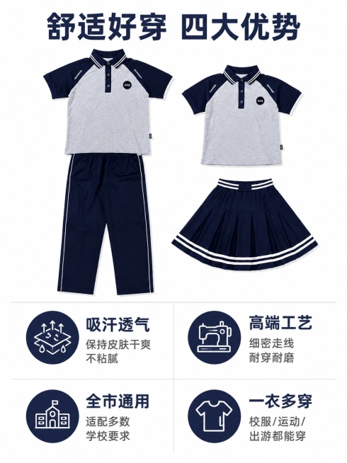 [第2屏] 核心卖点提炼页，小学生夏季短袖校服四大优势展示。本屏使用【图2】作为商品平铺参考。
[氛围/风格]：干净简约信息风，清晰排版突出卖点，白底搭配浅灰分割线。
[元素布局]：上方展示整套校服平预览效果