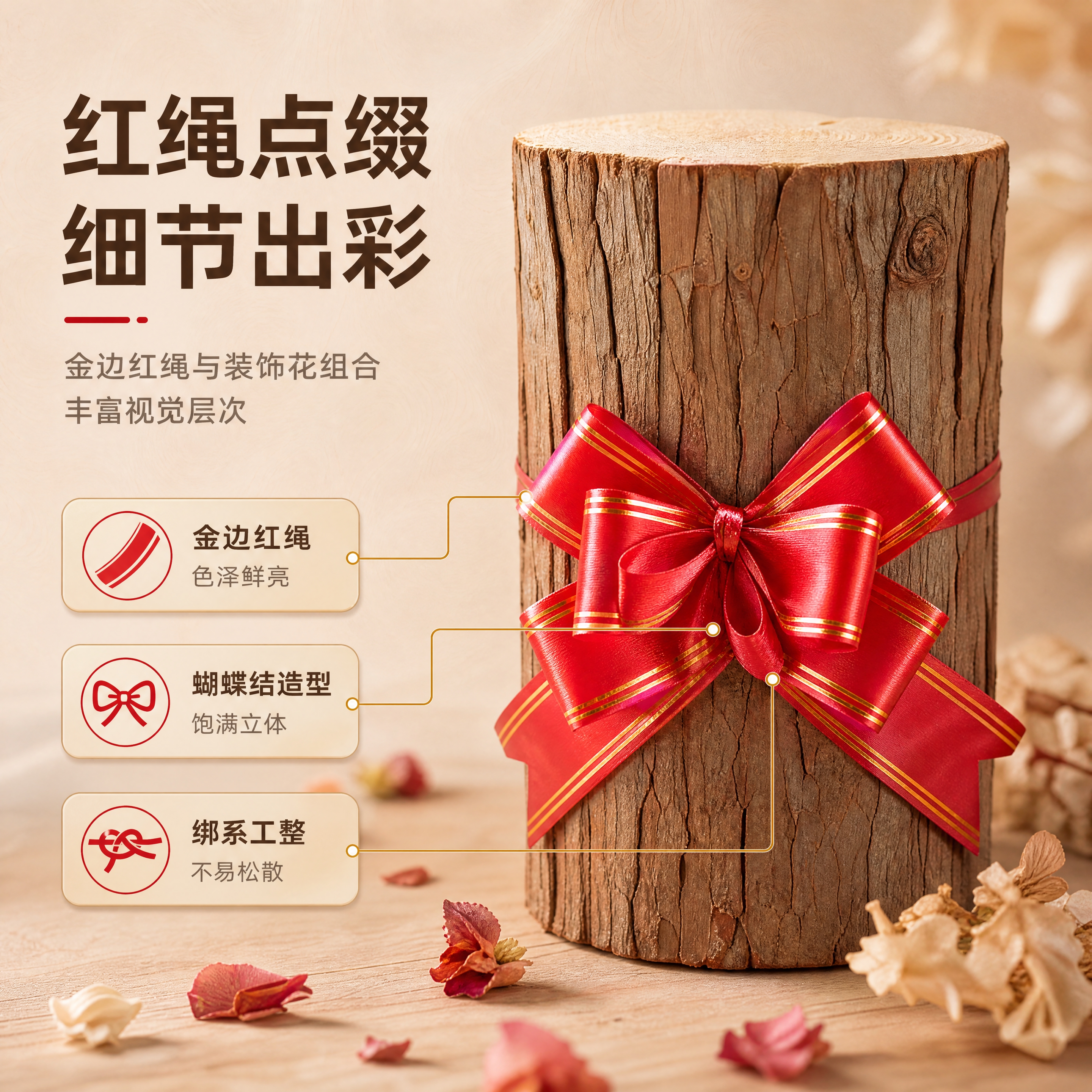 [商品] 使用【图1】杉墩木段配红绳花摆件；保留红绳蝴蝶结的造… - 图片创意预览