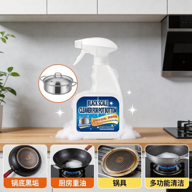 设计类型：电商场景主图（非白底生活化场景）
设计风格：工业清洁风 + 简约实用风，突出强力去污的专业感与居家便捷性
主体：锅底黑垢清洁剂喷雾瓶（带喷头）+ 木质台面 + 浅灰墙面生活化背景
装饰元素：预览效果