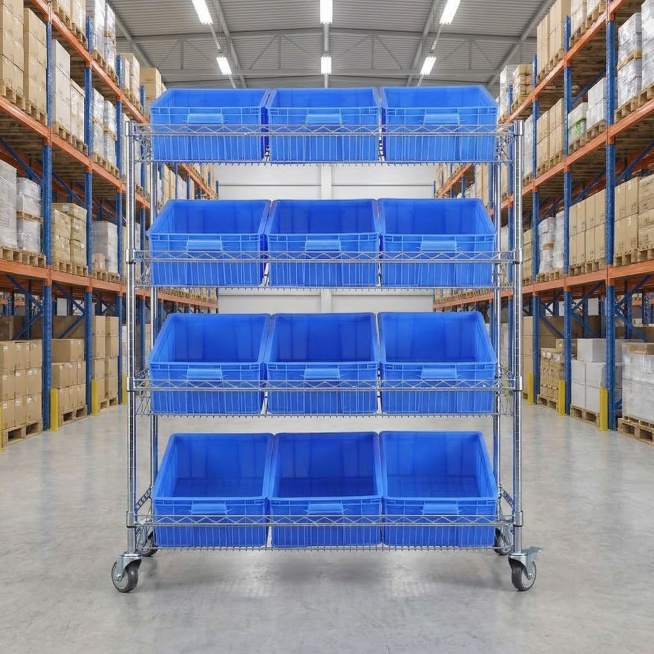 保持主体物理结构不变，强制保留带轮金属网格收纳架和12个蓝色塑料收纳箱，将置物架放置在干净整洁的现代化工厂仓库场景中，工业水泥地面，背景是整齐的仓储货架，明亮均匀的工业照明，展现置物架实际使用状态，写预览效果