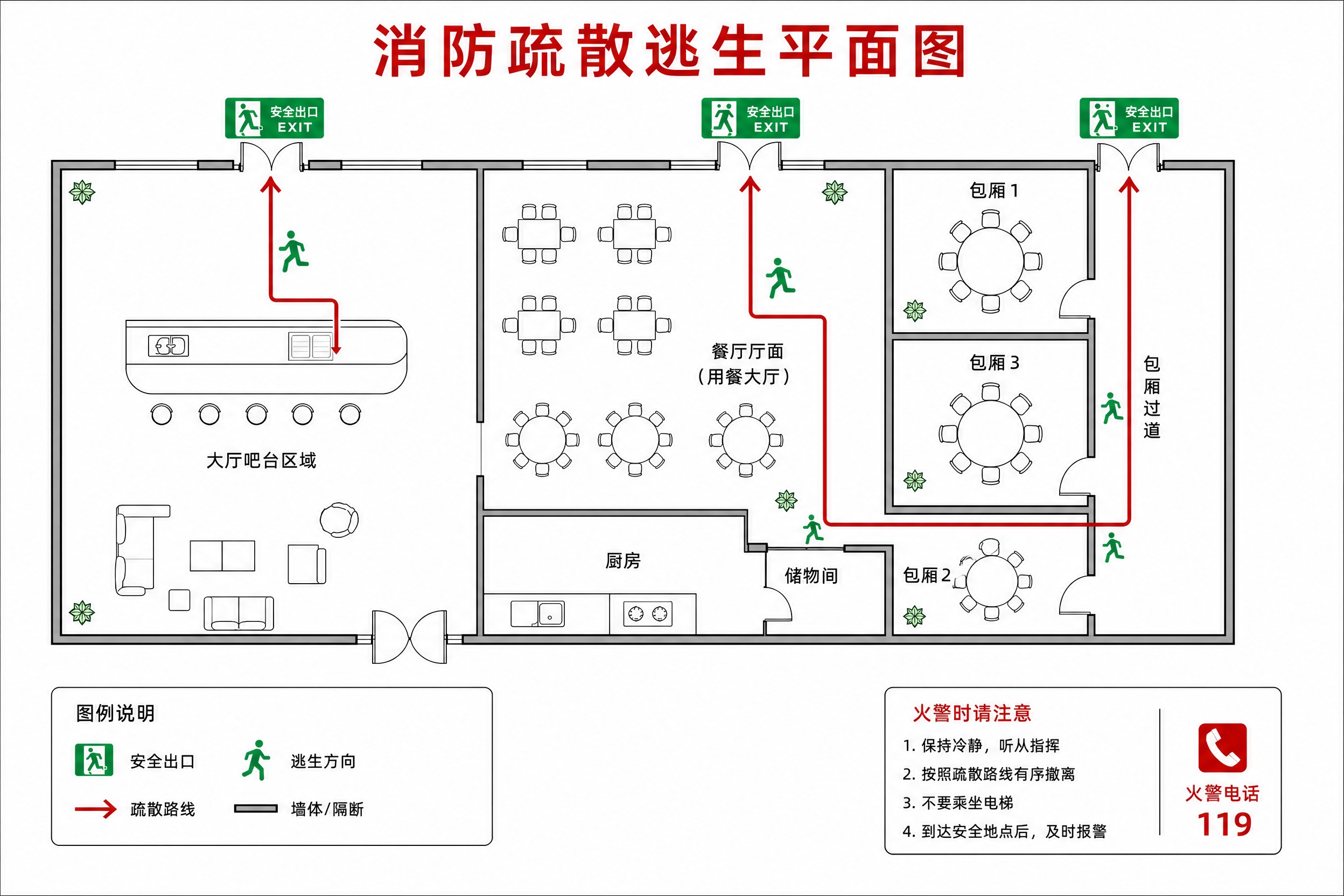修改这张消防疏散平面图的包厢区域布局：包厢1和包厢3连在一起（… - 图片创意预览