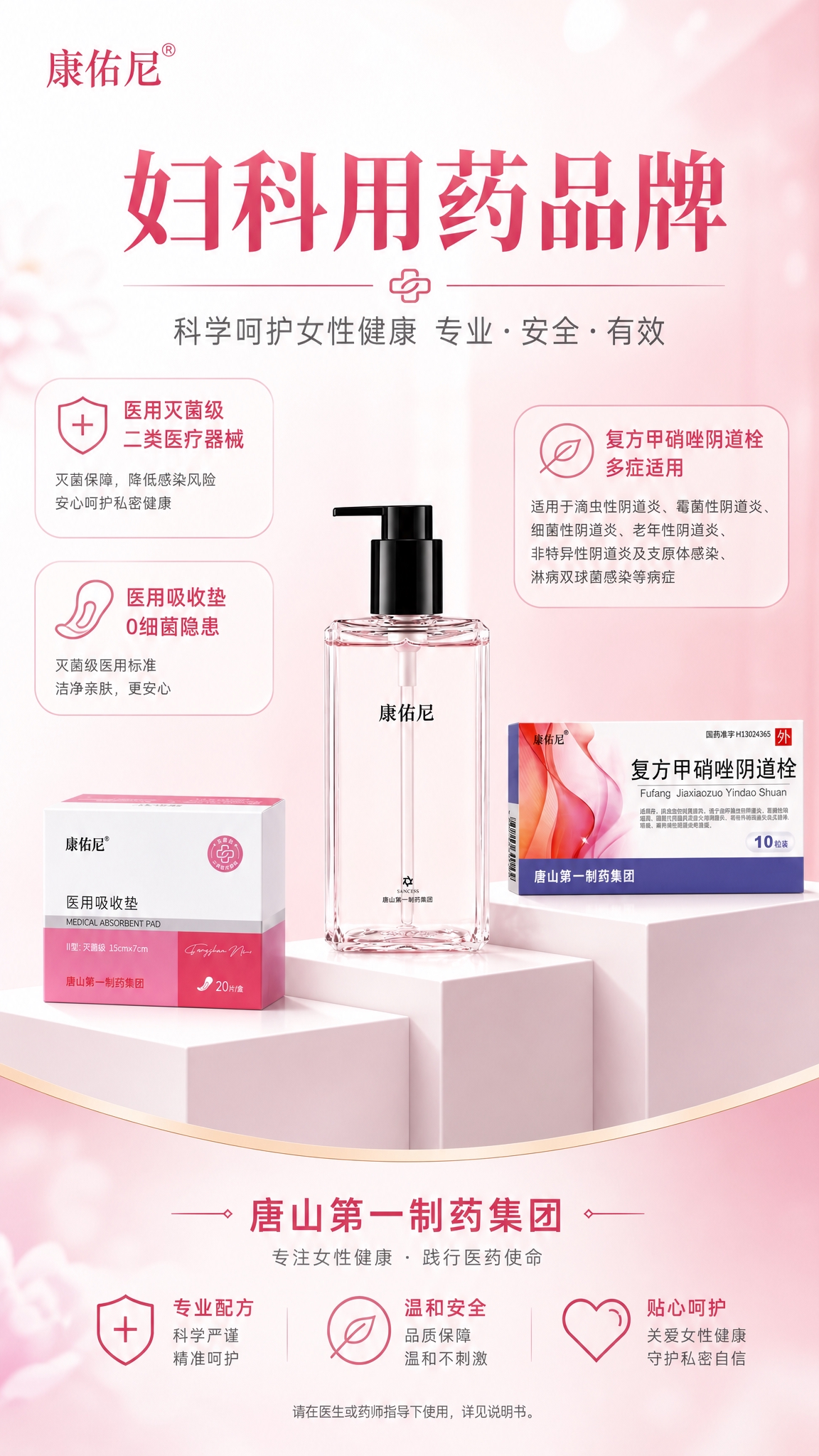 康佑尼妇科用药品牌海报，多商品营销型海报，画面中下部阶梯式展台… - 图片创意预览