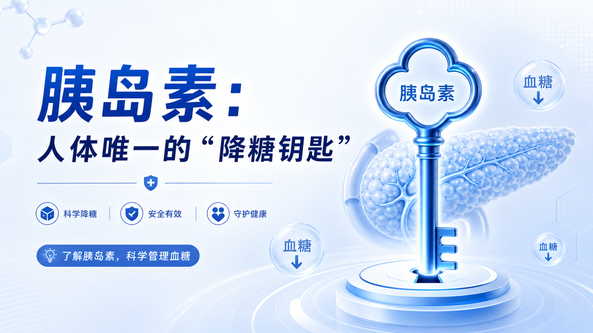 医疗健康公众号首图，横版，主题为'胰岛素：人体唯一的降糖钥匙'，整体风格简约专业，医疗科普风，包含清晰文案'胰岛素：人体唯一的"降糖钥匙"'，使用蓝白色调预览效果