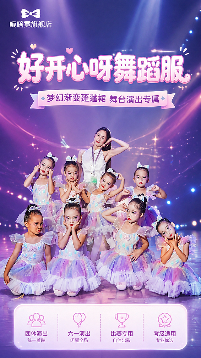 [第1张] 详情页头图主视觉 - 好开心呀儿童舞蹈演出服团体演出海报。本张使用【图6】【图7】【图8】作为多人团体演出画面主体，去除原图所有水印（包括左上角文字、右下角大国舞者印章、底部抖音号）。
[氛围/风格] 梦幻舞台风，粉紫蓝渐变色调，聚光灯舞台氛围，商业摄影质感，甜美灵动的儿童舞蹈演出氛围。
[元素布局] 画面中央为多名穿着粉紫渐变蓬蓬纱裙的小女孩在舞台上舞蹈的团体画面，服装款式、颜色、蝴蝶结发饰与原图完全一致；舞台地面有柔和反光，背景为深紫蓝色舞台灯光效果；左上角放置「唏嘻幂旗舰店」品牌LOGO；画面上方留标题区，下方留信息条区域。
[光影质感] 舞台顶光聚光照明，人物身上有柔和光晕，裙摆纱质通透有光泽，整体明亮通透，舞台氛围感强。
[配色色系] 全局底色渐变 #E8D5FF 到 #FFD9EC；主色粉紫蓝渐变；辅助色白色裙摆、银色亮片。
[视角构图] 正面全景视角，人物群像为视觉中心，阅读动线从上到下：品牌LOGO → 主标题 → 团体演出画面 → 底部信息条。
[文字版式] 左上角「唏嘻幂旗舰店」品牌LOGO；上方主标题「好开心呀舞蹈服」，副标题「梦幻渐变蓬蓬裙 舞台演出专属」，字体圆润可爱，粉白渐变字效；底部信息条标注「团体演出统一着装」「六一/比赛/考级适用」等标签。文字不遮挡人物主体。
[比例分辨率] 9:16 竖版比例，4K 分辨率，文字清晰可辨，高清画质。
[负向提示词] 变形，水印，文字错乱，文字过小，缺件错件，结构错误，颜色偏差，产品图模糊，背景杂乱，原图水印残留，抖音号残留，印章残留。
