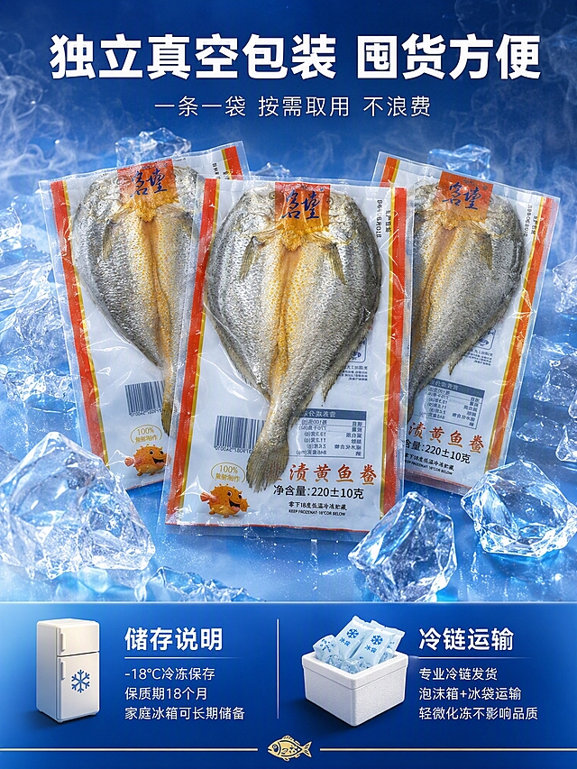 [第8张] 储存包装与冷链页 — 独立真空包装 专业冷链直达。本张使用【图1】作为产品包装展示。
[氛围/风格] 冰蓝冷调新鲜风，清凉有保障感，商业摄影质感，突出冷冻保鲜与冷链。
[元素布局] 画面上半部分展示三条独立真空包装的黄鱼鲞，整齐错落排列，包装袋透明部分能看到金黄的鱼身，表现独立单条包装的形式；周围环绕着晶莹的冰块、冰晶和冷气雾气效果，背景是冰蓝色的冷冻冷藏场景。画面下半部分左右分栏：左侧是储存说明（配冰箱图标），右侧是冷链运输说明（配泡沫箱+冰袋图标）。底部有一条细金色装饰线。
[光影质感] 冷调新鲜质感，包装袋有冰霜感和冷雾效果，冰块晶莹剔透有反光，整体清凉有保障感和品质感。
[配色色系] 全局底色冰蓝渐变 #1E40AF 至 #60A5FA；主色冰白色、冰晶蓝；辅助色鎏金色图标、白色文字；产品原色保留。
[视角构图] 上下分层构图：上部产品+冰感场景（约60%高度），下部储存+冷链说明（约40%高度）；阅读动线从上至下：包装展示 → 储存方式 → 冷链保障。
[文字版式] 顶部主标题「独立真空包装 囤货方便」白色粗黑体大号字；副标题「一条一袋 按需取用 不浪费」浅白色中号字。下部左栏：图标冰箱+「-18℃冷冻保存 保质期18个月 家庭冰箱可长期储备」；右栏：图标冷链箱+「专业冷链发货 泡沫箱+冰袋运输 轻微化冻不影响品质」。栏目标题白色粗体，说明浅白小字。
[比例分辨率] 3:4 竖版比例，4K 分辨率，冰感效果真实，文字清晰可辨。
[负向提示词] 产品变形，颜色偏差，文字错漏，画面模糊，水印，人物出现。