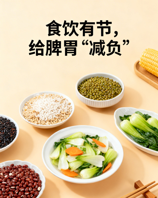 画面呈现清新自然风格，有温和的暖色调背景，搭配简约的中式餐具、新鲜的五谷杂粮与清淡素食，上方配有文字“食饮有节，给脾胃‘减负’”，传递健康饮食养护脾胃的理念预览效果