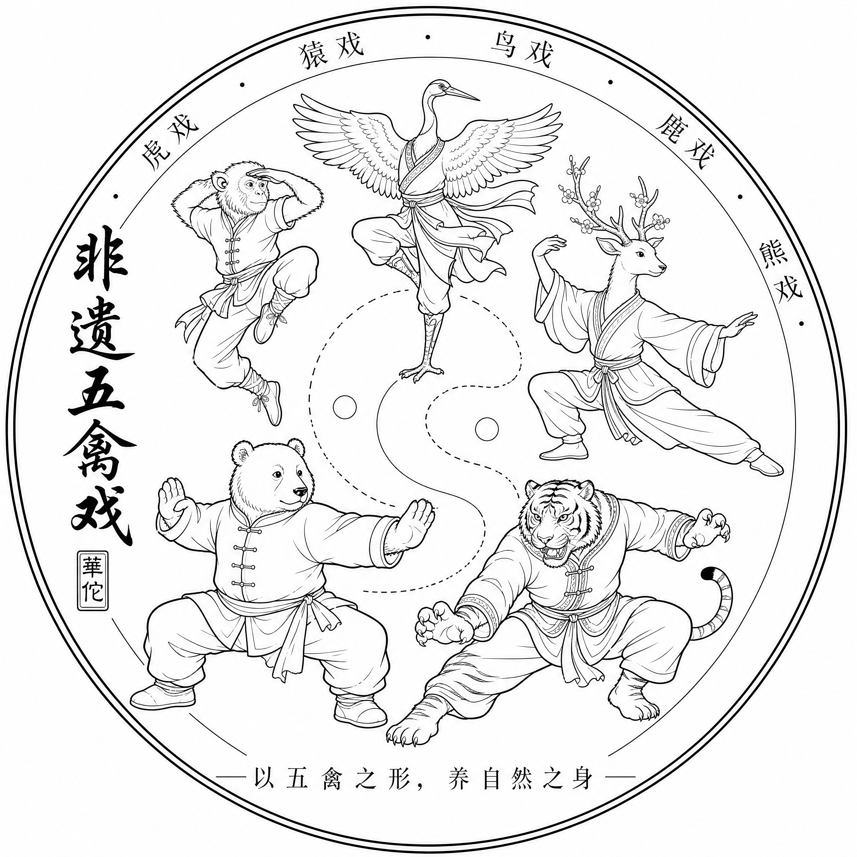 非遗五禽戏徽章式LOGO单色线稿版，外圆内构正圆形徽章，纯白底… - 图片创意预览