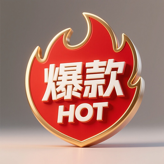电商促销标签设计，火焰形状的红色徽章，内部有白色立体文字“爆款”和英文“HOT”，金色描边，高光和阴影处理呈现出立体金属质感，整体风格喜庆醒目，适合吸引消费者注意力，传达热销产品信息，简洁明了的电商促销元素，无背景设计，突出标签主体。