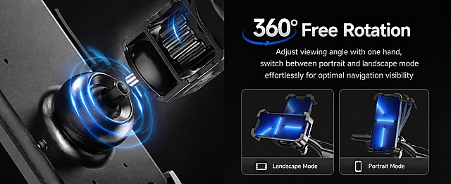 Amazon Premium A+ detail page feature section, 2928x1200 horizontal layout, left side shows close-up of the 360-degree rotating ball joint mechanism of the bike phone mount with glowing blue tech light effect, right side has English title "360° Free Rotation" and body text "Adjust viewing angle with one hand, switch between portrait and landscape mode effortlessly for optimal navigation visibility", two small inset images at bottom showing horizontal and vertical phone placement, dark premium black background, tech product render style, all text in English