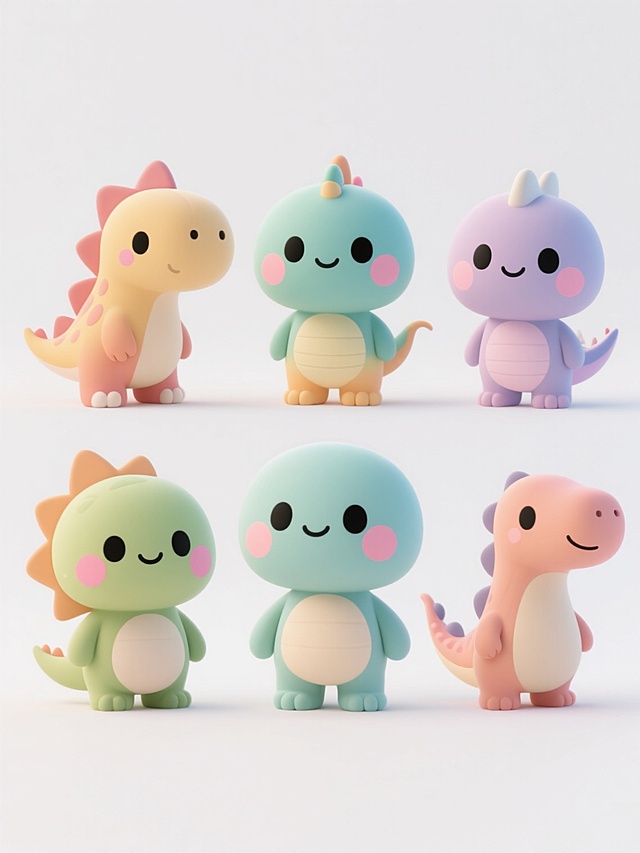 6个不同外貌、不同造型、不同品种的卡通恐龙，保持Q版可爱风格，圆头圆脑，大大的黑色眼睛，脸颊有粉色腮红，身体呈现柔和的渐变色彩，四肢短小，肚子为浅色，排列整齐地站在纯白色背景上，每个恐龙都有独特的特征如不同形状的背鳍、尾巴、头部装饰和颜色搭配，整体画面简洁明快，充满童趣。