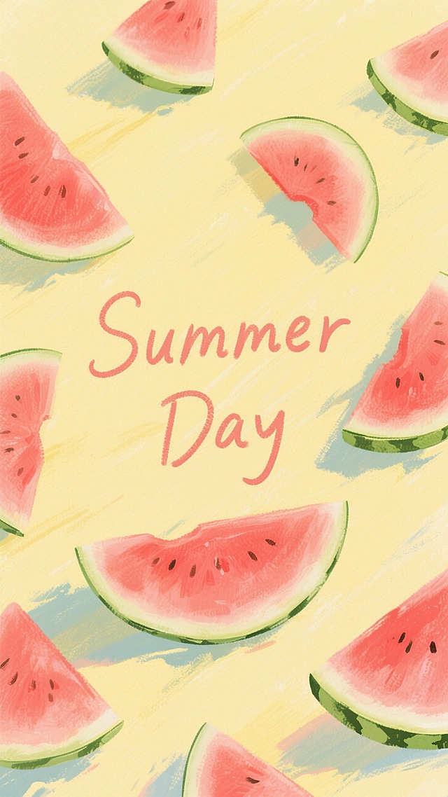 嫩黄为主色调，画面分布西瓜切片，西瓜的红与绿低饱和、边缘柔和，氛围清新治愈，中间手写体文案（Summer Day）