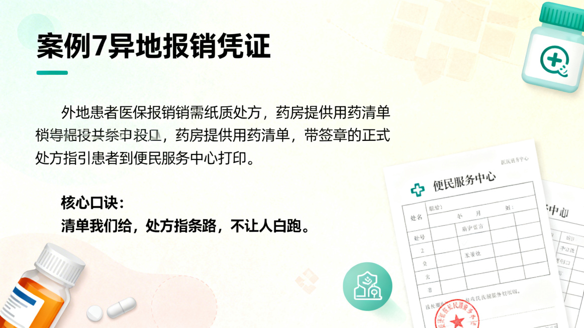 医疗机构药剂科窗口培训案例页，标题案例7异地报销凭证，核心内容：外地患者医保报销需要纸质处方，药房可提供用药清单，带签章的正式处方指引患者到便民服务中心打印，核心口诀：清单我们给，处方指条路，不让人白预览效果
