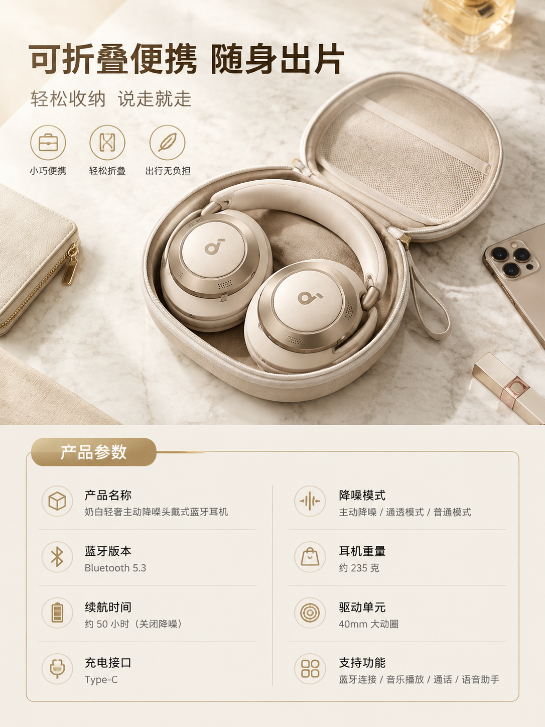 [商品] 使用【图1】奶白轻奢主动降噪头戴式蓝牙耳机；保留全部… - 图片创意预览