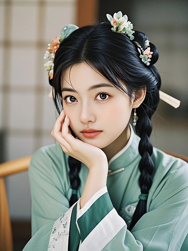 一名身穿绿色系汉服的女生，中式发饰，皮肤纹理清晰，高清商业摄影，半身照，人物特征保持