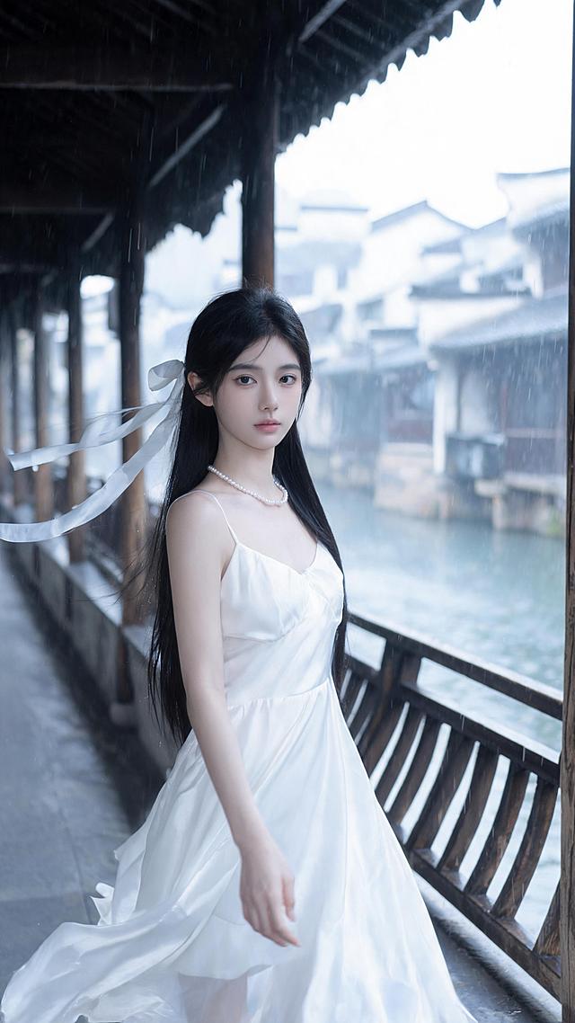 9:16竖屏，超写真真人质感，阴天柔和漫射光，18岁清冷白月光少女，冷白皮苍白细腻，伪素颜仙气妆，黑长直披发搭配白色丝绸丝带，体态轻盈飘逸，气质清冷脱俗，身穿Dior白色真丝吊带长裙，细款白色珍珠项链，站在江南水乡烟雨长廊，人物前景站位，背景距离人物8米以上，极强空间纵深感，85mm f/1.8大光圈浅景深，背景柔和虚化，焦外烟雨朦胧，冷白色调，飘逸慢动作，仙气飘飘，无网红感，无廉价感，无杂乱背景，高清细节，极致白月光氛围