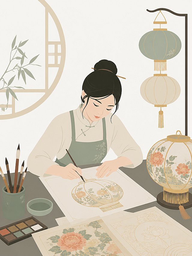 矢量插画，新中式扁平国风，年轻女匠人伏案手绘彩灯设计图纸，桌上放毛笔、草图、纹样底稿，素雅配色，简约线条，纯色块平涂，非遗佛山彩灯工艺，干净留白，无文字