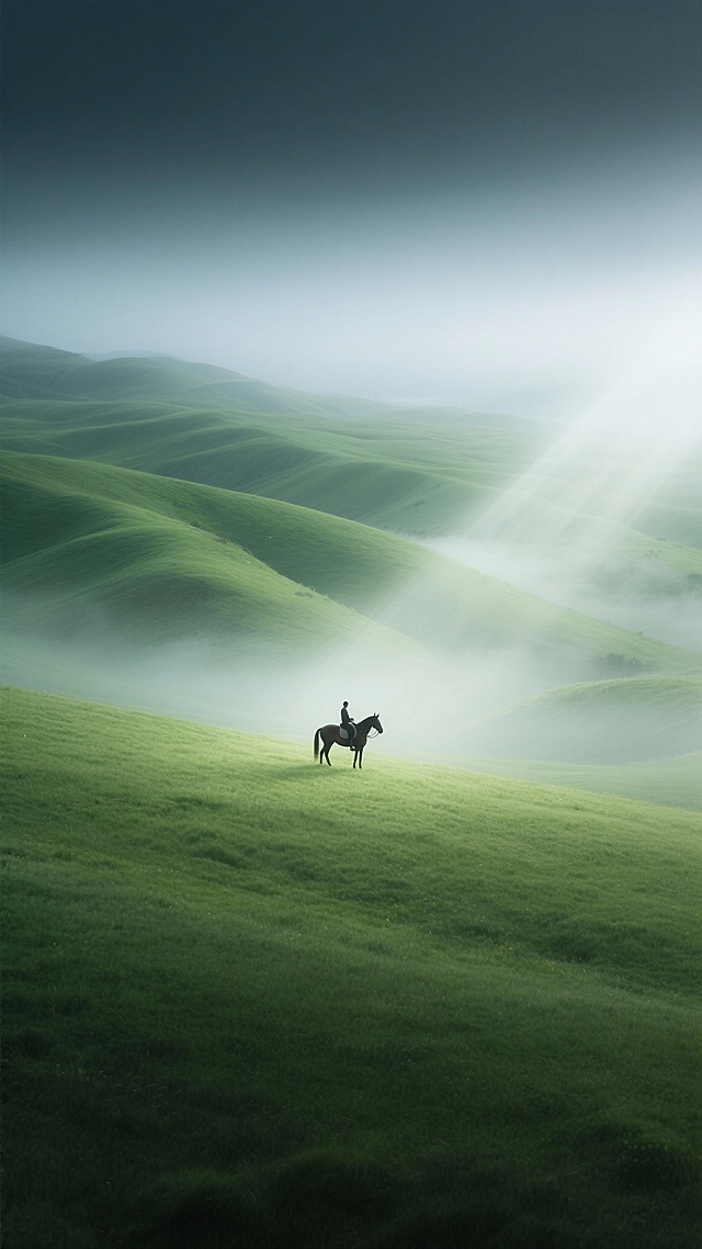 静谧绿野中，一人一马行于晨雾弥漫的起伏草坡，弥散光穿透薄雾，营造出朦胧唯美的虚拟自然意境，融合印象画派与水彩风的诗意光影。