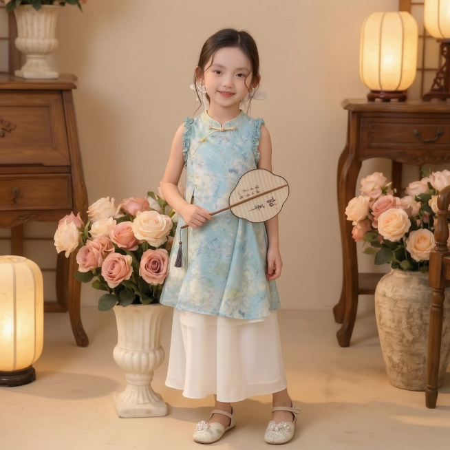 保留图1中穿着浅蓝色中式旗袍裙搭配白色半裙的小女孩，拿着团扇，将她放到图2的新中式室内背景中，小女孩正面朝向镜头微笑，站在花瓶旁边预览效果