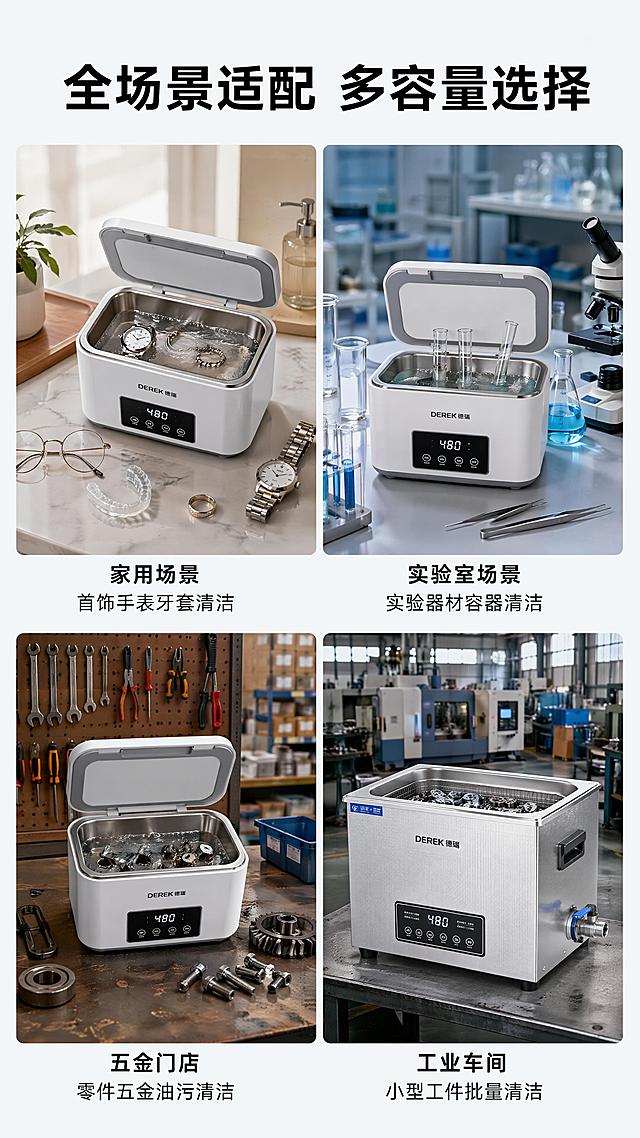 [第7屏] 多场景适配拼图，展示德瑞MH-PA清洗机覆盖的不同使用场景。本屏使用【图1】和【图2】两款产品图。
[氛围/风格] 生活化场景拼接，清晰展示不同使用环境，专业又接地气的设计风格。
[元素布局] 顶部标题，下方四格拼图排列，三小场景+产品图，每个格子包含场景图/产品图+一句话场景说明，布局错落有致，每个格子独立清晰。
[光影质感] 每个场景光影自然，符合真实环境光感，产品和场景融合自然，无突兀拼接感。
[配色色系] 全局底色 #F5F7FA，每个场景保持自然色调，文字黑色清晰可读。
[视角构图] 2×2网格拼图，四格信息均衡展示，阅读从上到下从左到右。
[文字版式] 顶部主标题「全场景适配 多容量选择」，四格分别为：「家用场景 首饰手表牙套清洁」「实验室场景 实验器材容器清洁」「五金门店 零件五金油污清洁」「工业车间 小型工件批量清洁」，每个格子图片下方配说明文字，字号清晰不遮挡图片。
[比例分辨率] 9:16 竖版比例，width: 1080