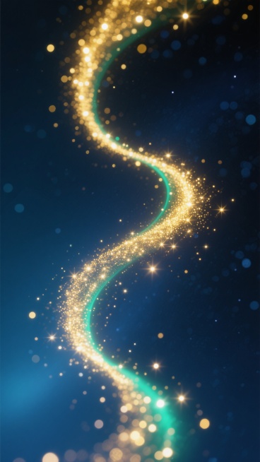 深邃宇宙蓝渐变背景，一条明亮的金色星光粒子流以优雅的S形曲线贯穿画面，粒子大小不一，疏密有致，呈现出动态悬浮的梦幻效果，金色光芒带有柔和的绿色光晕边缘，整体画面静谧而富有流动感，星光粒子在深色背景上闪烁着细腻的高光，营造出神秘而璀璨的星际氛围。预览效果