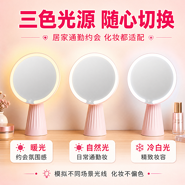 [主图-2] 三色光源功能展示-自然光暖光冷白光三档色温对比。本张使用【图1】三色光源展示图作为参考，【图3】粉色款作为商品主体。
[统一基调] 整体风格：拼多多电商风格，大字醒目卖点直白性价比感强；背景主色：浅粉米色渐变背景，温馨美妆氛围；标题字色：玫红色主标题，深灰色辅助文字；强调色：亮玫红色；字体样式：粗体非衬线字体，醒目有力；字号层级：主标题超大号粗体，卖点文案中号，说明文字小号；卡片样式：圆角白色卡片，粉色柔和阴影；图标样式：简约粉色填充图标。
[画面] 画面中央并排展示三面同款粉色化妆镜，分别呈现三种色温状态：左侧镜子发出暖黄色光（暖光模式），中间镜子发出自然白光（自然光模式），右侧镜子发出冷白色光（冷白光模式）。三面镜子各占画面约25%，整体占比约70%。背景为浅粉米色渐变。画面顶部超大号玫红色主标题"三色光源 随心切换"，下方深粉色副标题"居家通勤约会 化妆都适配"。每面镜子下方各有一个白色圆角标签：左侧"暖光 约会氛围感"，中间"自然光 日常通勤妆"，右侧"冷白光 精致妆容"。底部有一行小字说明"模拟不同场景光线 化妆不偏色"。
[光影质感] 商业摄影质感，三面镜子分别发出不同色温的光线，各自周围有对应色调的光晕效果，镜面清晰反光，底座竖纹质感明显，产品底部有自然接触阴影，整体光感丰富有层次。
[配色] 浅粉米色背景，玫红色标题，三面镜子分别呈现暖黄、自然白、冷白三色光效，白色标签，深灰色文字，整体明亮有光感。
[文字版式] 顶部主标题居中超大号粗体，三面镜子横向并排对称排列，下方标签对应排列，底部说明文字居中，文字均不遮挡镜面核心区域。
[输出要求] 1:1比例，文字清晰可读，产品清晰完整，禁止变形、错字、模糊、杂乱、水印、平台Logo、悬浮、穿模。
