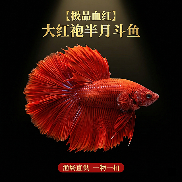 [主图 1] 泰国大红袍半月斗鱼商品首图，重新生成，强视觉冲击
[氛围风格] 黑金质感3D渲染，高级水族商品，高对比高点击率
[画面元素] 商业摄影质感、光线柔和通透、产品清晰真实、画面干净高级。斗鱼主体在纯黑色背景中心，打一束聚光灯照亮斗鱼全身，凸显鳞片光泽和尾鳍纹理细节，保留原产品大红袍外观和完整尾鳍形态，光影氛围感强。
[配色色系] 纯黑背景，浓烈正红色斗鱼，金色点缀文字，黑金红配色高级醒目
[视角构图] 中心对称构图，聚光灯聚焦主体，突出斗鱼完美体态
[文字版式] 上部居中金色主标题 "【极品血红】 大红袍半月斗鱼"，底部居中红色标签 "渔场直供 一物一拍"，文字居中不遮挡主体，对比清晰视觉冲击力强。
[比例分辨率] 1:1 比例，2k 分辨率，文字清晰可辨，超高清。
[负向提示词] 变形，水印，文字错乱，产品图模糊，背景杂乱，文字遮挡主体