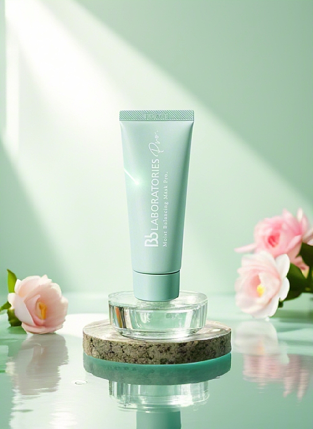 一支淡绿色护肤软管（#B5E0D3）立于晶莹水滴之上，水滴下方是天然石块底座，悬浮在浅青绿色背景（#E0F2F1）中，背景有模糊的白色与淡粉花朵，柔焦散景，光线从左上方斜射，形成清晰倒影与光束，极简美学，清新自然，高级摄影风格，3:4竖版构图