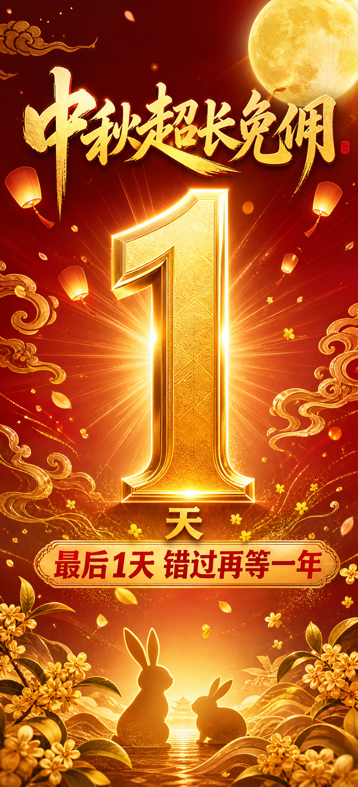手机软件开屏海报，中秋超长免佣倒计时1天主题。画面中央偏上位置… - 图片创意预览