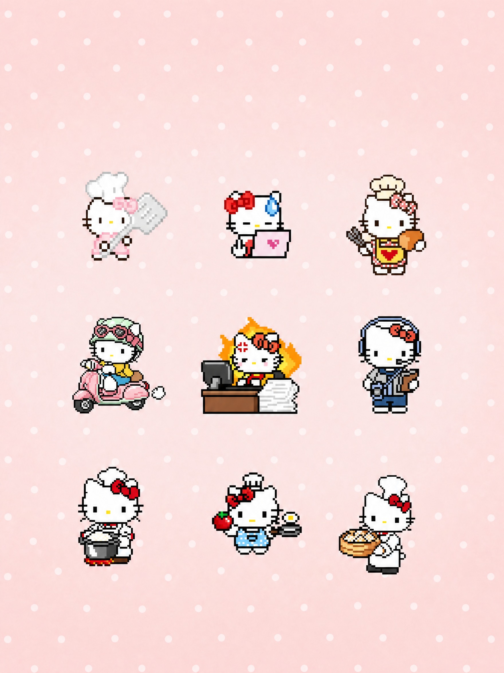 将9个Hello Kitty像素图案整体向下移动一点位置；同时… - 图片创意预览