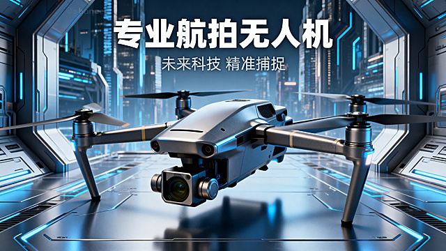 未来感科技风3D渲染，重拟物无人机置于霓虹蓝光工业舱内，金属质感与虚拟现实元素融合，展现专业航拍的精准与前沿。