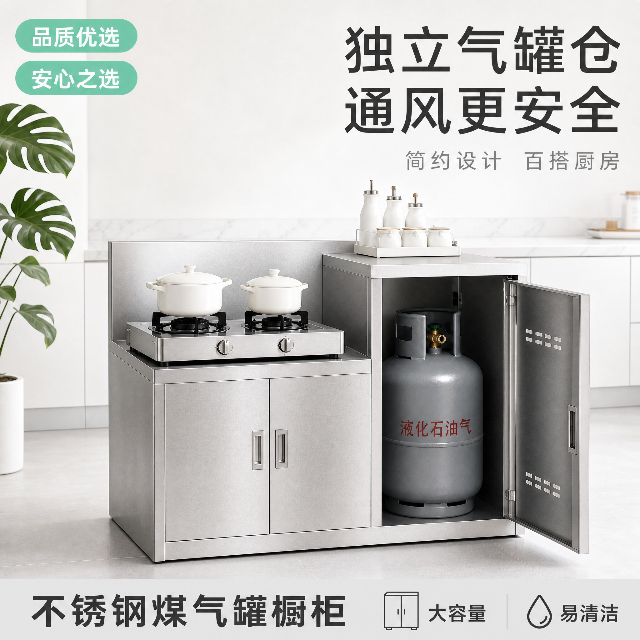 [主图-2] 不锈钢煤气罐橱柜 主图 现代简约风 白色极简厨房… - 图片创意预览