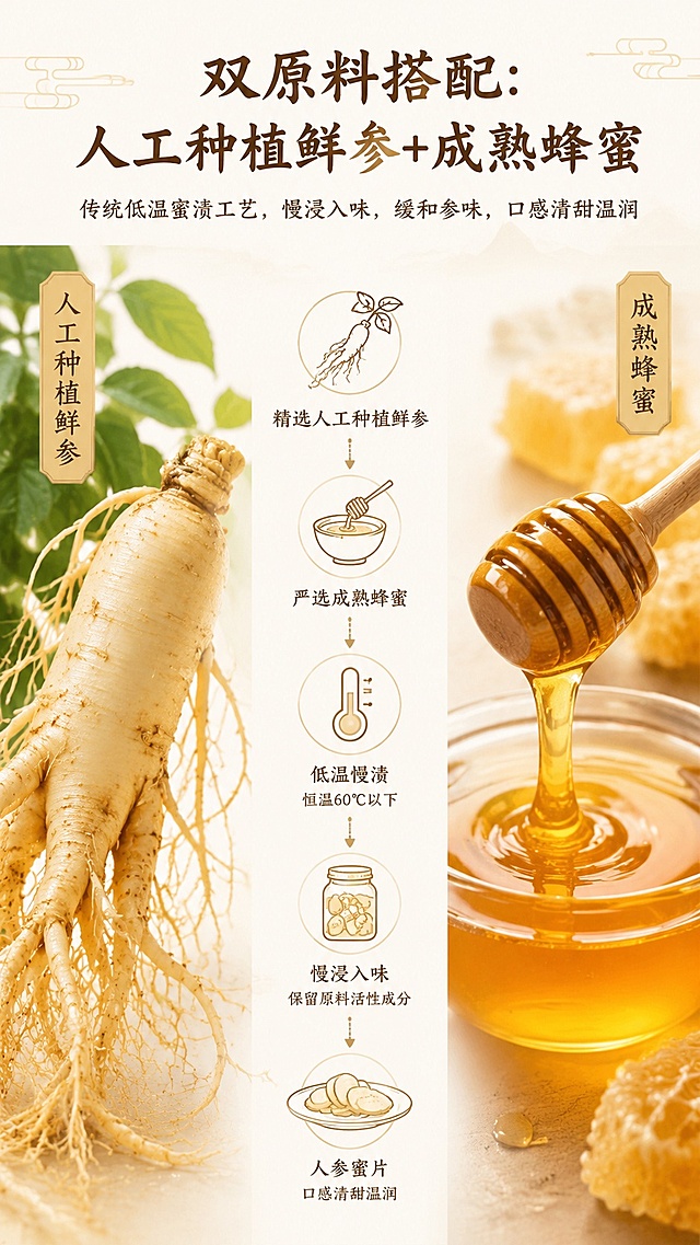 [第2屏] 详情页原料工艺拆解图，人参蜜片双原料搭配工艺展示
[氛围/风格] 干净食品科普风，高清写实，浅米清新质感
[元素布局] 9:16竖版分栏构图，左侧放置鲜人参实拍，右侧放置天然蜂蜜特写，中间用简易低温蜜渍工艺流程线条插画串联，浅米白底打底，淡金色国风线条勾勒流程，清晰分层布局，左右原料各占约40%，中间流程占20%，元素大小适中，信息清晰
[光影质感] 均匀棚拍柔光，原料细节清晰可见，线条柔和不突兀，整体明亮干净
[配色色系] 全局底色#f8f5f0浅米白，主色淡金色线条，辅助色深棕文字，原色保留原料自然色彩
[视角构图] 正面平视，左右分栏，阅读动线从上到下、从左到右，信息层级清晰
[文字版式] 顶部主标题「双原料搭配：人工种植鲜参+成熟蜂蜜」，底部副标题「传统低温蜜渍工艺，慢浸入味，缓和参味，口感清甜温润」，使用温润书法感字体，字色统一为深棕色，排版整齐，不遮挡原料主体
[比例分辨率] 9:16竖版，4K分辨率，文字清晰可辨，高清画质
[负向提示词] 变形，水印，文字错乱，文字过小，缺件错件，结构错误，颜色偏差，背景杂乱