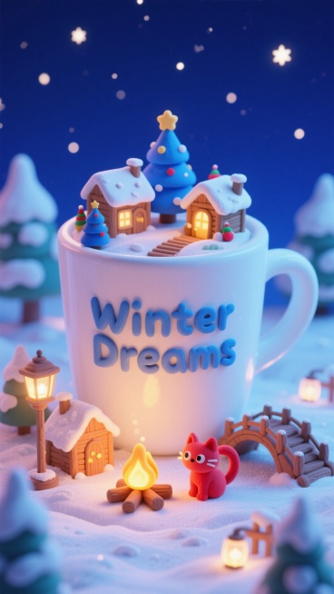 一个巨大的白色咖啡杯放在画面中央，杯身上写着“Winter Dreams”，整个杯子上是一个微型冬季童话小镇（小镇中有积雪覆盖的小木屋、蓝色圣诞树、拱桥、篝火、发光的灯笼和一只可爱的红色小猫）背景是深预览效果