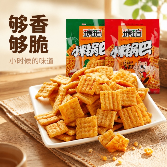 [主图-1] 琥珀小米锅巴首图，突出食欲感与怀旧氛围。[氛围风格] 温馨居家餐桌场景，复古怀旧零食风。[画质] 商业摄影质感、光线柔和通透、产品清晰真实、画面干净高级。[元素] 白色方盘里堆满满的琥珀预览效果