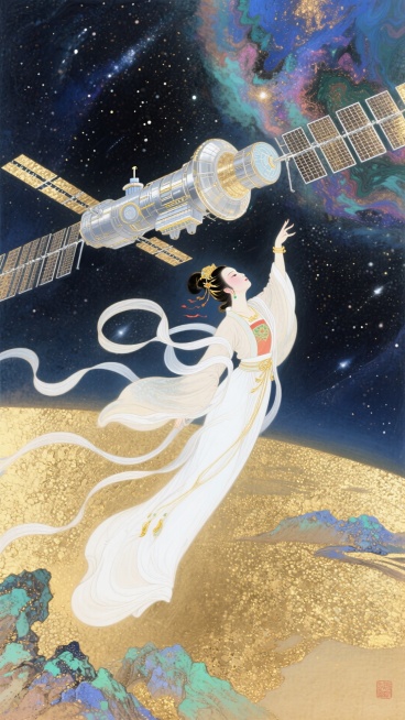 嫦娥仙子腾空抬手，目光所至是一个现代太空空间站，背景是星空预览效果