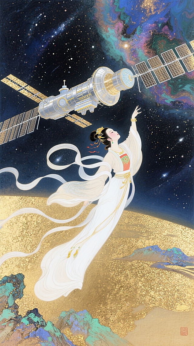 嫦娥仙子腾空抬手，目光所至是一个现代太空空间站，背景是星空