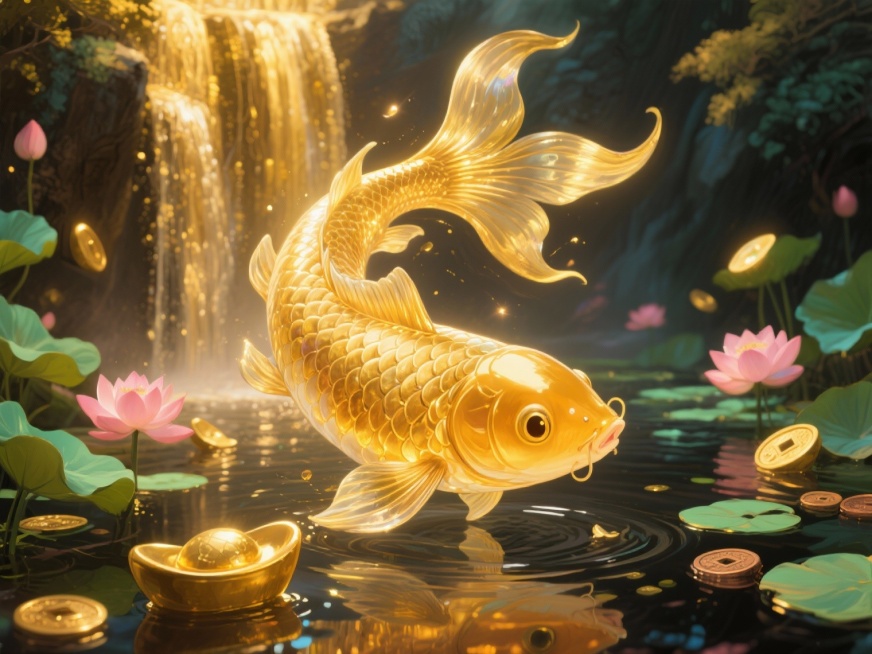我想生成一个好运锦鲤的IP形象、背景中要有元宝、黄金、或者水、荷花元素、背景整体为金色流金瀑布、锦鲤是全身金色形象，动作旋转游动，全身发光，预览效果