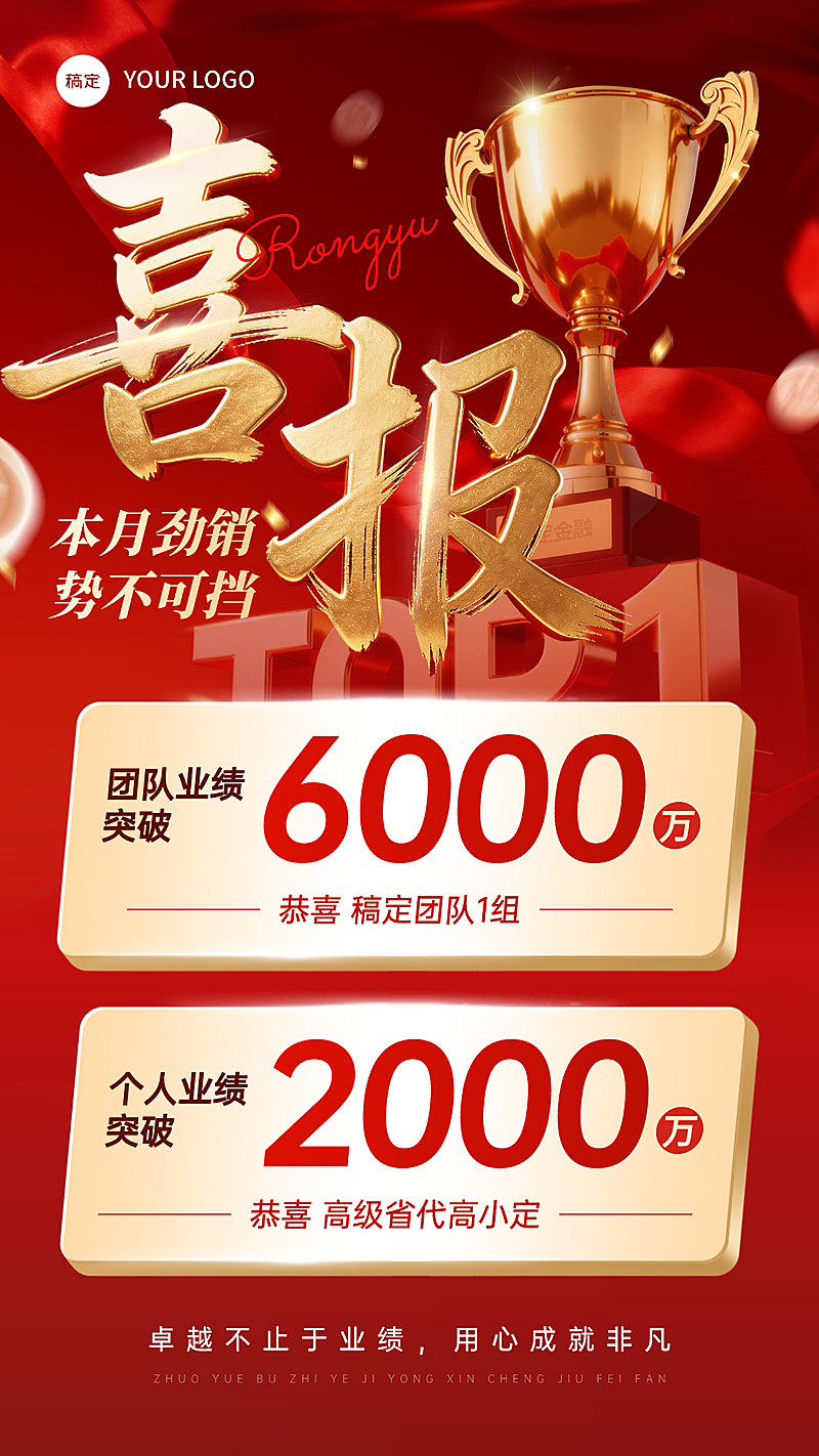 金融保险红金业绩喜报竖版海报