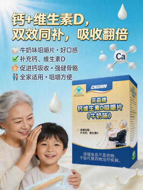 设计一张现代风格保健品海报，展示采森牌钙维生素D咀嚼片（牛奶味）产品包装，产品突出。主标题“钙+维生素D，双效同补，吸收翻倍”醒目活泼，核心卖点：补充钙和维生素D、牛奶味咀嚼片、全家适用，功能要点：促预览效果