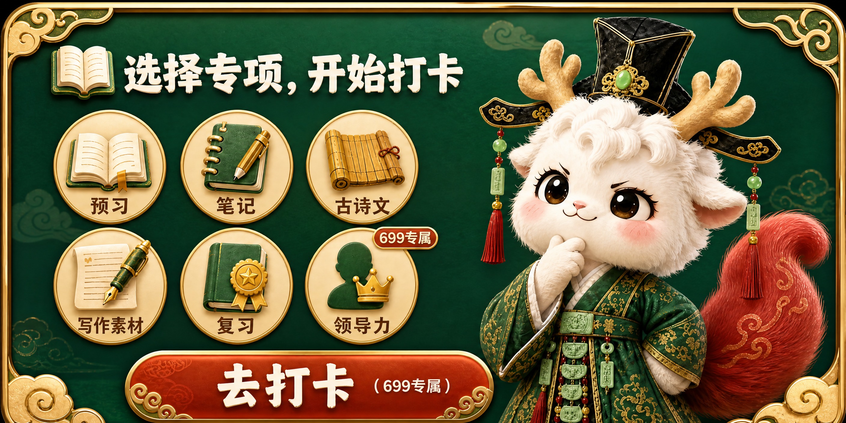 将图1右侧的小鹿神兽替换为图2中的小鹿形象（戴黑色高官帽、帽两… - 图片创意预览