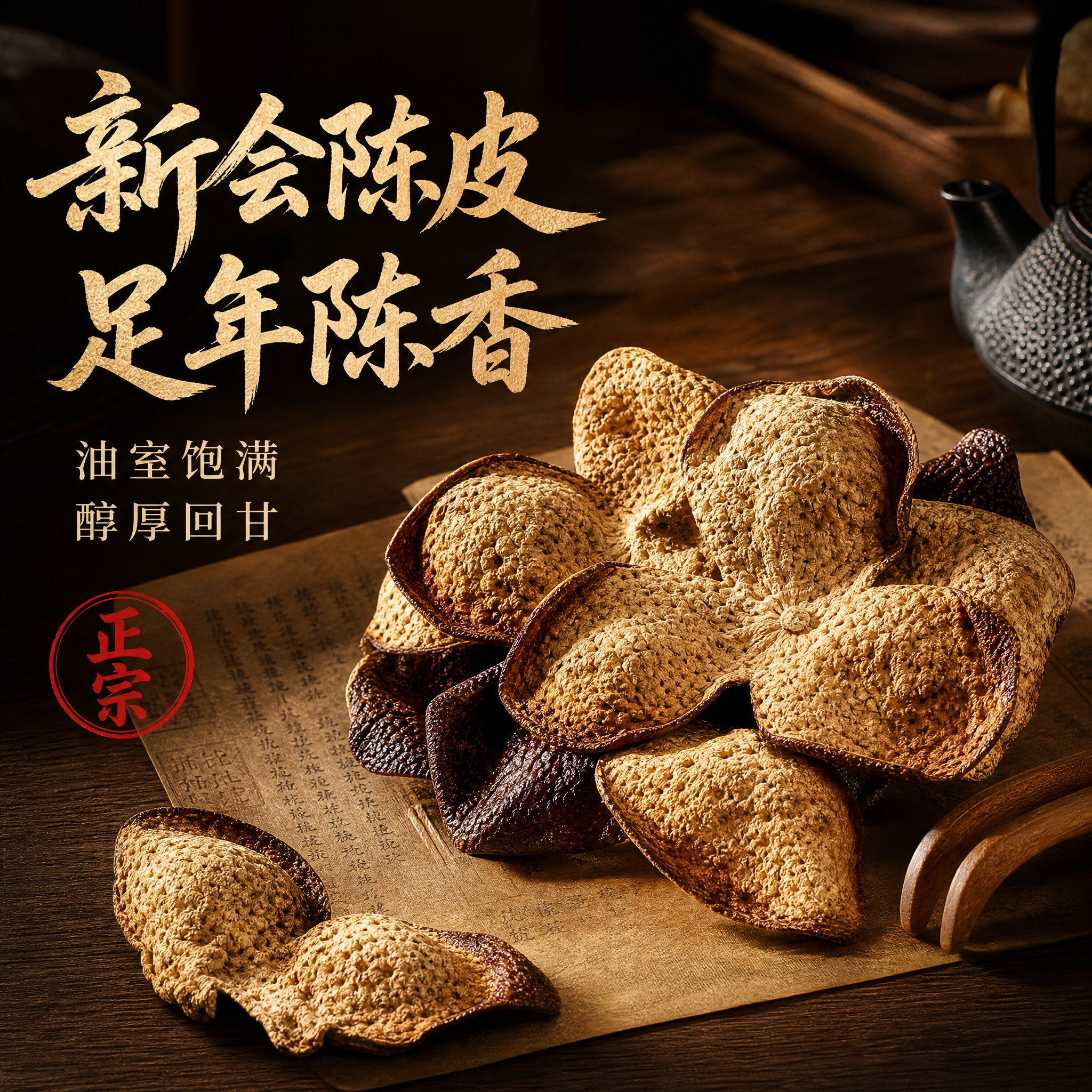 [主图-1] 主题：新会陈皮散皮首图，突出陈香品质与油室细节，… - 图片创意预览