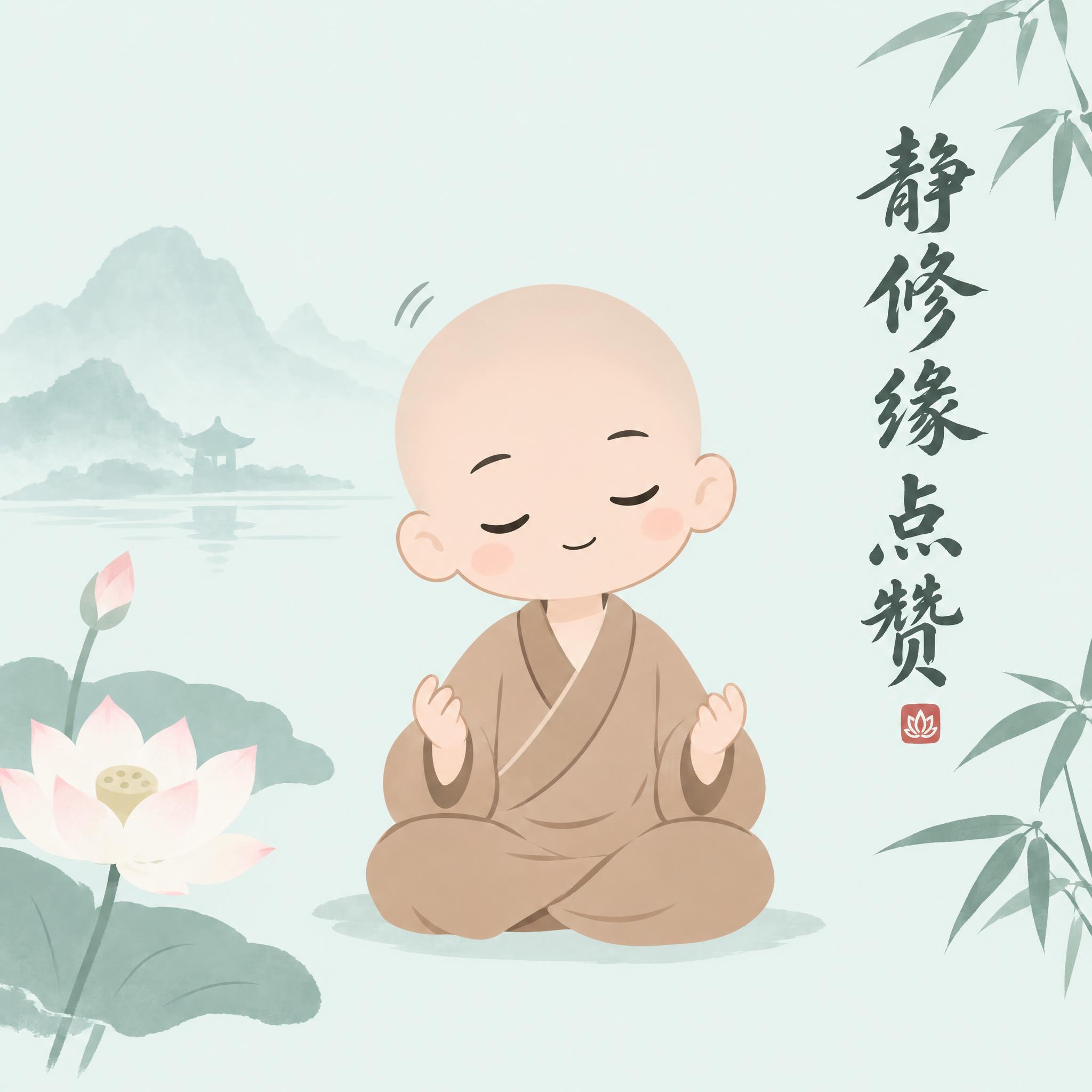 禅意风格Q版表情包第6帧，男版小和尚，光头，穿浅棕色僧袍，盘腿… - 图片创意预览