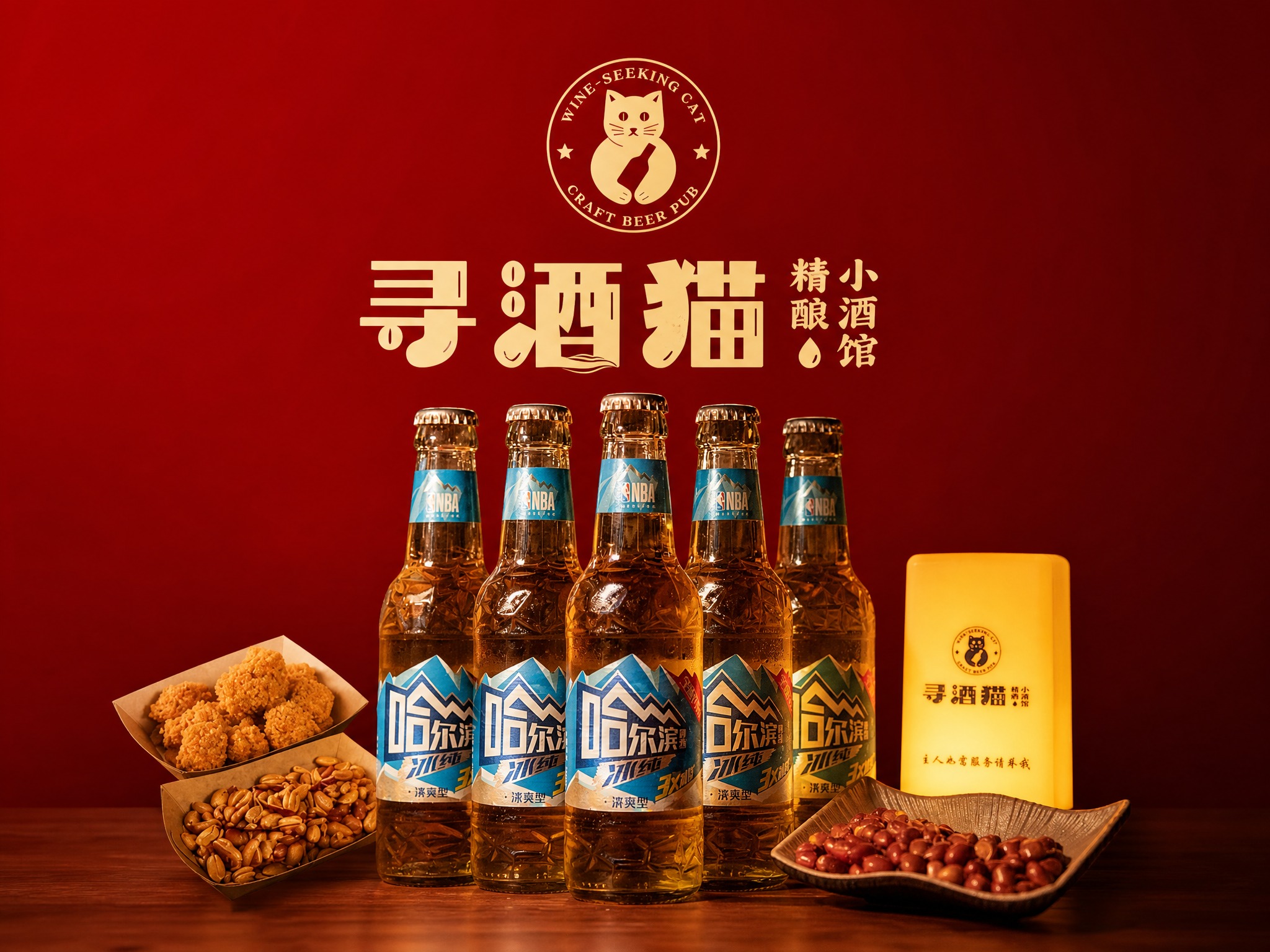 以主图中的哈尔滨啤酒瓶、寻酒猫圆形LOGO、寻酒猫文字LOGO… - 图片创意预览