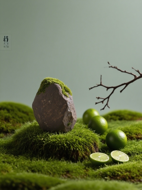 商业静物摄影。主体放在错落的青苔上，旁边散落几个切开的小青柠和乌木枝点缀，灰绿色背景。简约高级的商业打光。预览效果