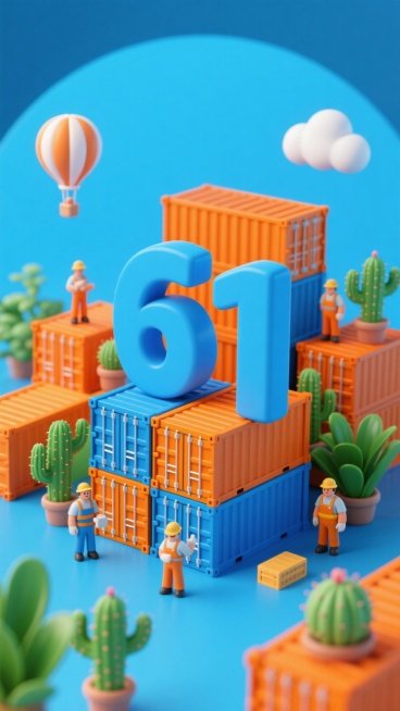 微缩艺术风，蓝色背景，软3D数字，主体是巨大的蓝色数字“61”，由集装箱堆叠而成，周围有橙色和蓝色集装箱、绿色植物、仙人掌、热气球和云朵，工人预览效果