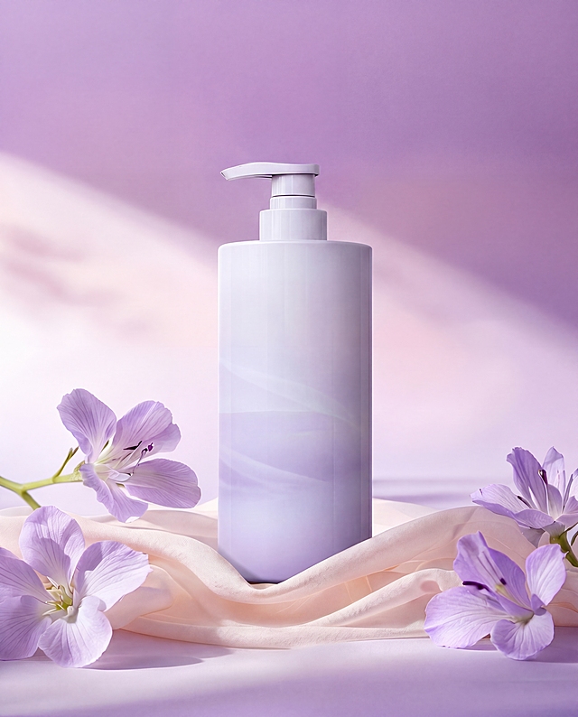 锁定原图背景, 修复背景瑕疵, 保持背景光影与商品一致
阳光通透的自然柔光, 增加通透感和空气感, 光影层次分明, 曝光自然, 增强立体感, 主体居中构图, 商品主体占比合理
带按压泵头的洗护瓶，淡紫渐变瓶身，周围搭配紫色花卉和浅米色布料
极致超清画质, 提升通透感, 让光线更明亮干净, 增强光影对比, 智能降噪, 深度细节锐化, 4K分辨率
绝对锁定原图商品颜色和材质, 还原清新通透的视觉感受, 保持原有构图和布局不变
