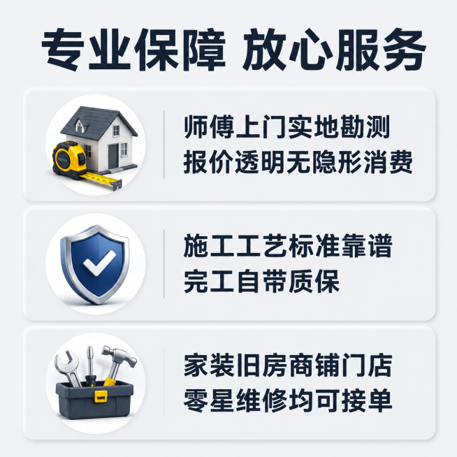 [主图-3] 服务优势展示图。顶部主标题"专业保障 放心服务"，加粗大字展示。画面分三个卡片区域，从上到下依次展示三个核心优势：第一个卡片标注"师傅上门实地勘测 报价透明无隐形消费"，第二个卡片标注"预览效果