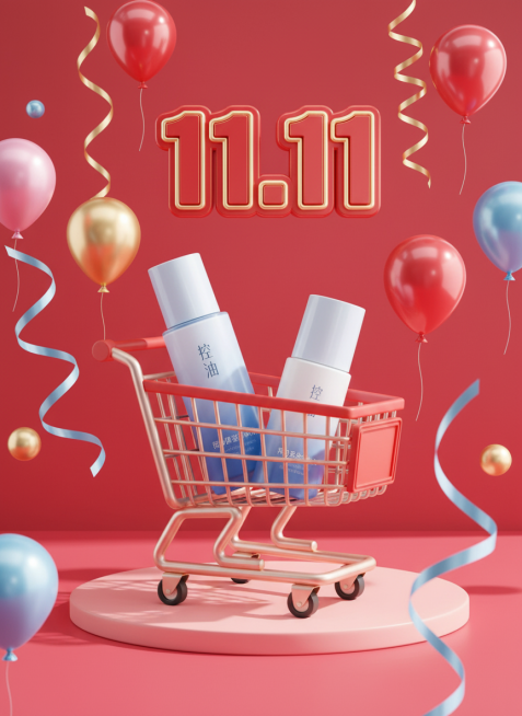 以红粉色为主色调，背景有气球、彩带、"11.11"立牌等元素。中央是卡通购物车造型展台，将商品随意摆放至卡通购物车中。整体风格活泼，营造出购物的轻松氛围。预览效果
