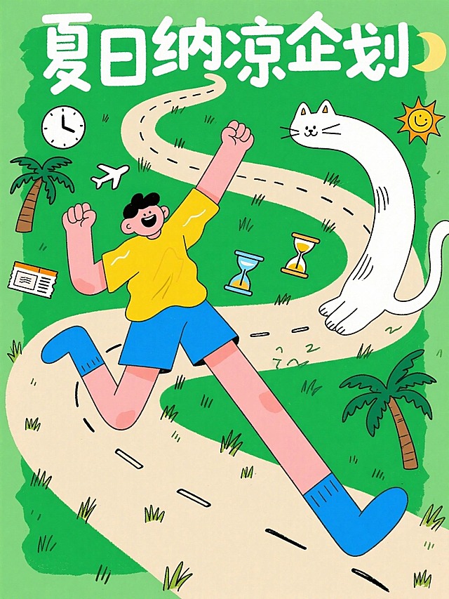 手绘插画、夸张搞怪趣味风格，多运用不规则线条；绿色和米色碰撞背景，有稀疏的小草和蜿蜒的道路；顶部搞怪文字“夏日纳凉企划”；一个巨大的搞怪卡通人物，身穿黄色上衣、蓝色短裤、蓝色袜子，做出跳跃欢呼的动作，人物的腿夸张的变得非常长，几乎横跨整个画面。旁边搭配一只变形的超级长的白色猫咪 。加入时钟、沙漏、飞机票、棕榈树、太阳月亮等小元素点缀；